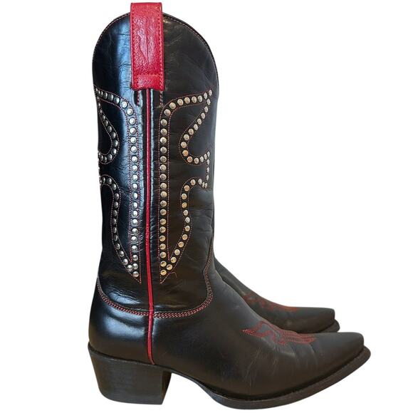 Frye Vintage Black and Red Leather Pointed Toe Daisy Dukes Cowgirl Boots 6.5 - Picture 1 of 13